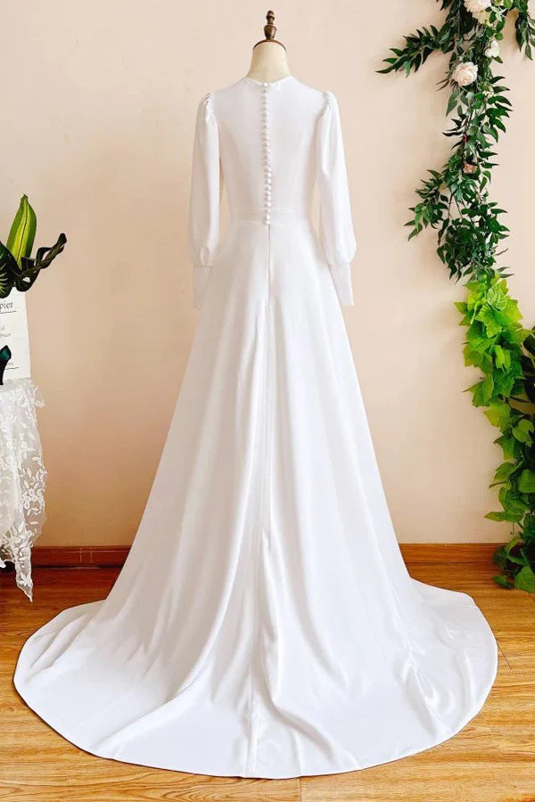 A Line Modest Long Sleeves Wedding Dress Vintage Bridal Gown